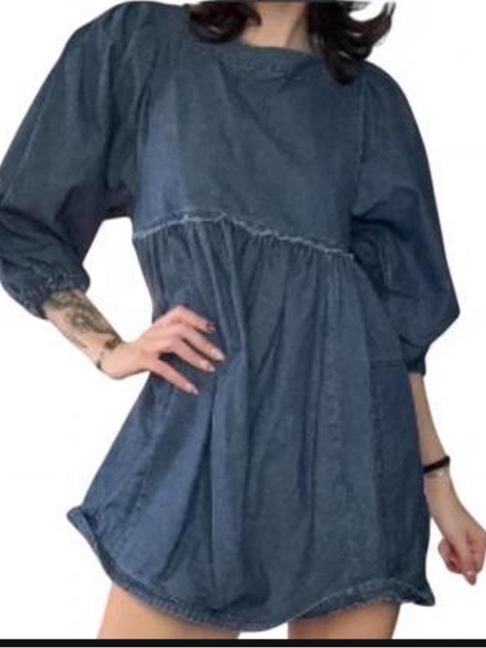 Free People Get Obsessed Denim Mini Dress Puff Sleeve Babydoll Dress - Picture 3 of 5